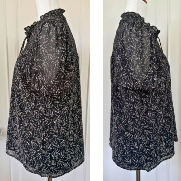 PETITE ASSEMBLY Black Printed Tie Neck Short Sleeve Blouse Size LP - Picture 7 of 12
